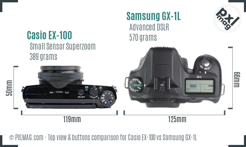 Casio EX-100 vs Samsung GX-1L top view buttons comparison Casio EX-100 vs Samsung GX-1L top view buttons comparison
