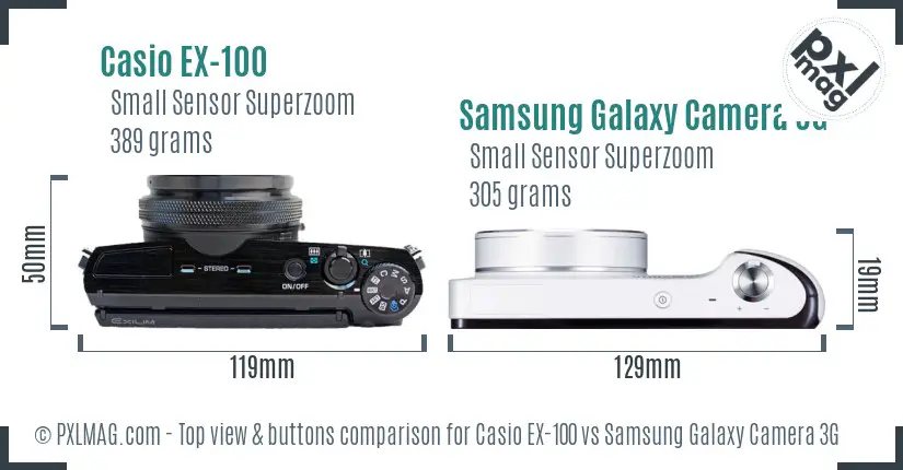 Casio EX-100 vs Samsung Galaxy Camera 3G top view buttons comparison