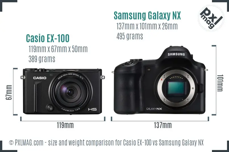 Casio EX-100 vs Samsung Galaxy NX size comparison Casio EX-100 vs Samsung Galaxy NX size comparison