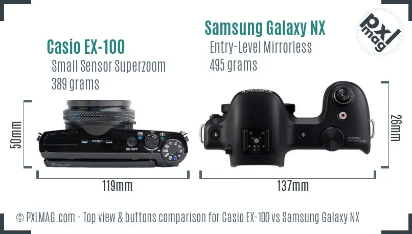 Casio EX-100 vs Samsung Galaxy NX top view buttons comparison Casio EX-100 vs Samsung Galaxy NX top view buttons comparison