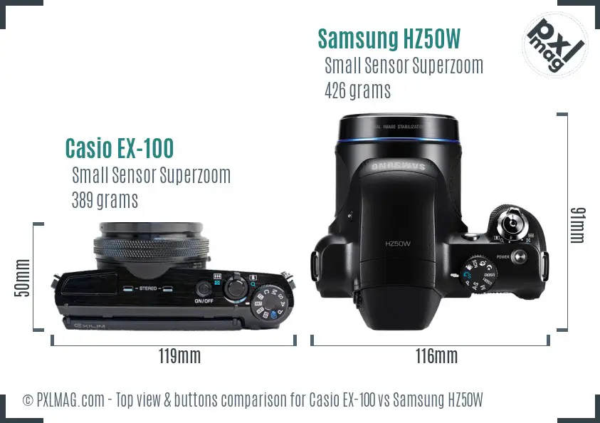 Casio EX-100 vs Samsung HZ50W top view buttons comparison