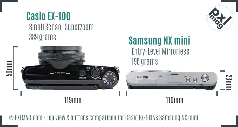 Casio EX-100 vs Samsung NX mini top view buttons comparison Casio EX-100 vs Samsung NX mini top view buttons comparison