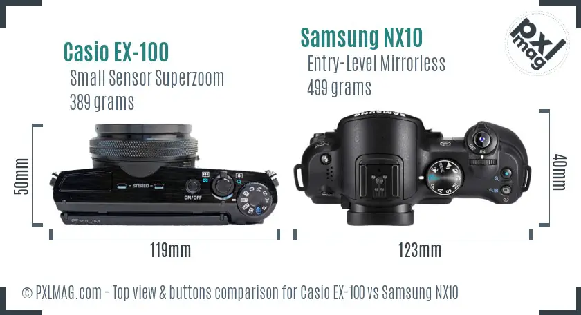 Casio EX-100 vs Samsung NX10 top view buttons comparison