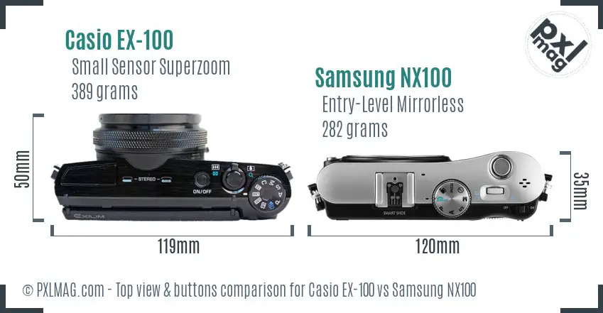 Casio EX-100 vs Samsung NX100 top view buttons comparison Casio EX-100 vs Samsung NX100 top view buttons comparison