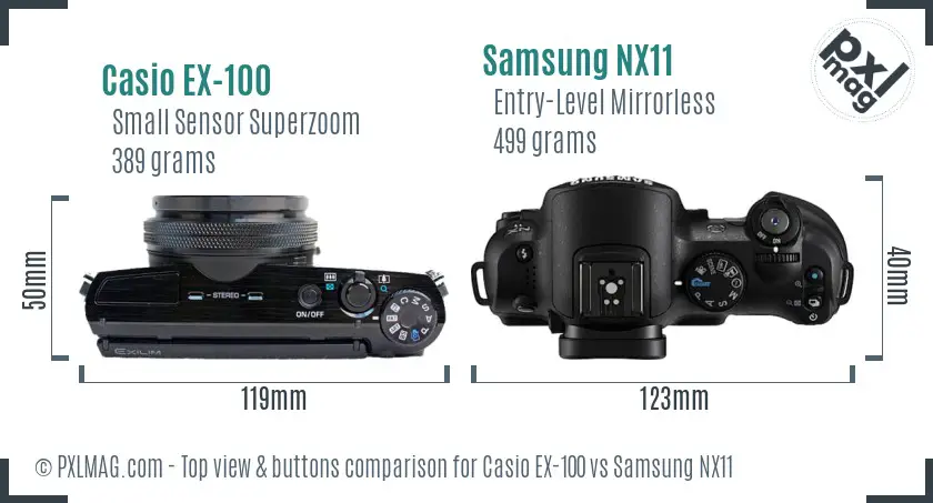 Casio EX-100 vs Samsung NX11 top view buttons comparison Casio EX-100 vs Samsung NX11 top view buttons comparison