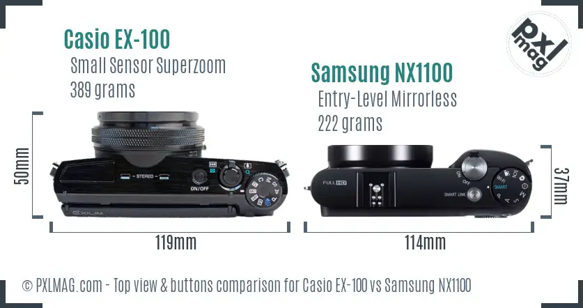 Casio EX-100 vs Samsung NX1100 top view buttons comparison