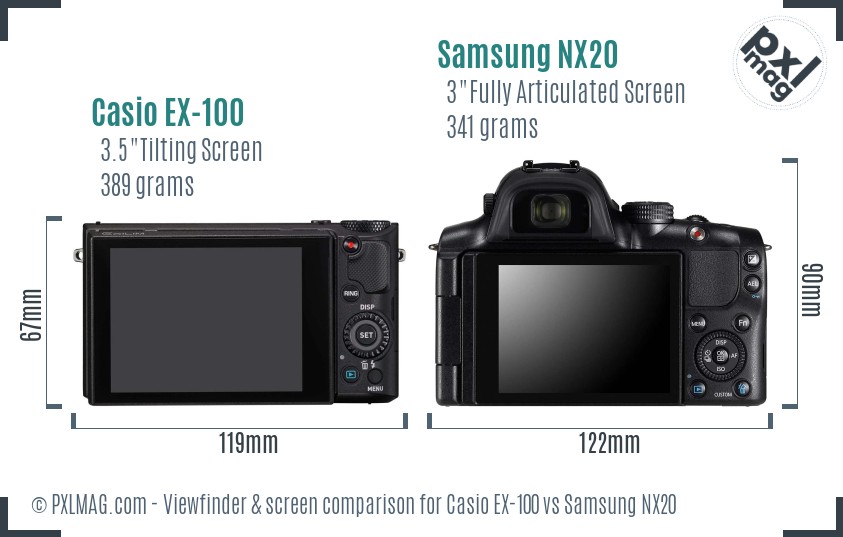 Casio EX-100 vs Samsung NX20 Screen and Viewfinder comparison