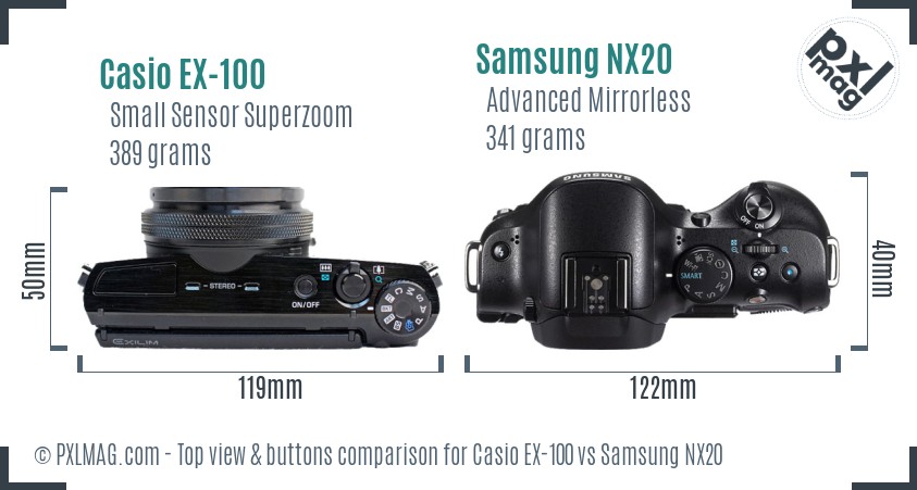 Casio EX-100 vs Samsung NX20 top view buttons comparison