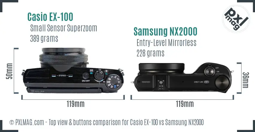 Casio EX-100 vs Samsung NX2000 top view buttons comparison Casio EX-100 vs Samsung NX2000 top view buttons comparison