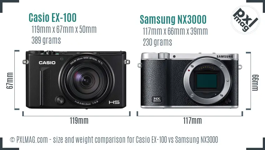 Casio EX-100 vs Samsung NX3000 size comparison