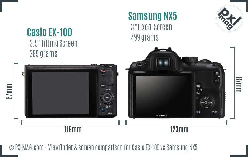 Casio EX-100 vs Samsung NX5 Screen and Viewfinder comparison