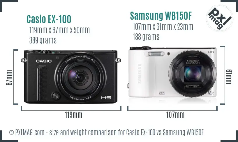 Casio EX-100 vs Samsung WB150F size comparison