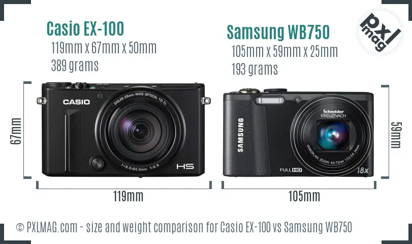Casio EX-100 vs Samsung WB750 size comparison