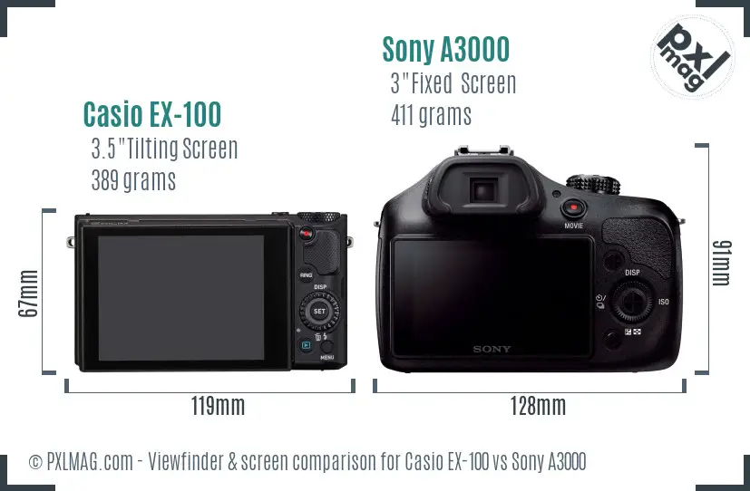 Casio EX-100 vs Sony A3000 Screen and Viewfinder comparison