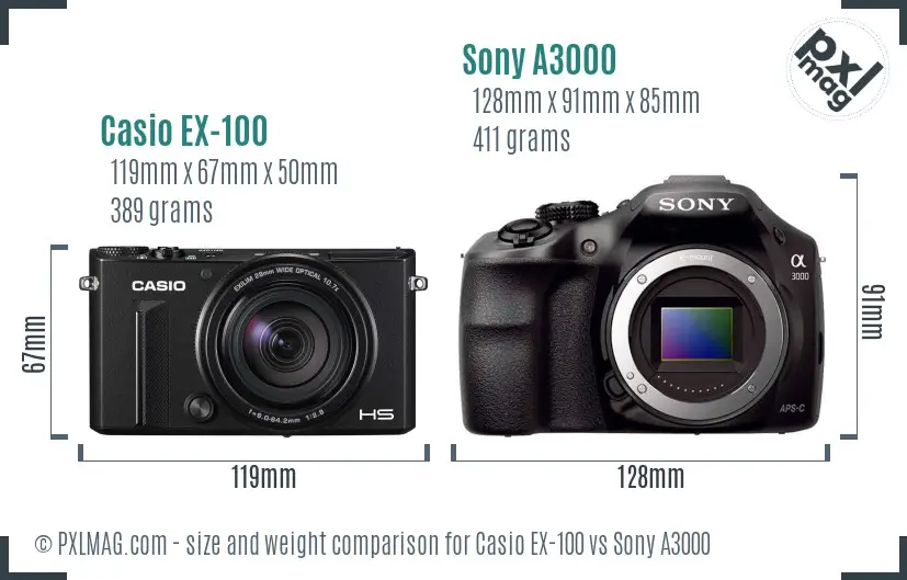 Casio EX-100 vs Sony A3000 size comparison