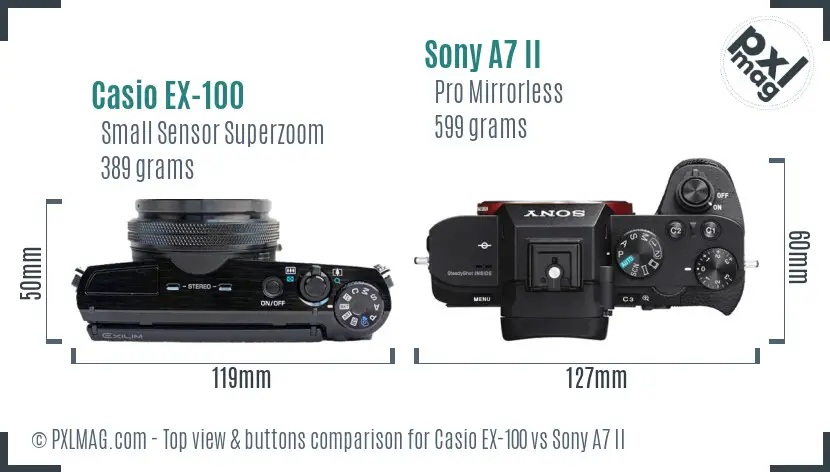 Casio EX-100 vs Sony A7 II top view buttons comparison