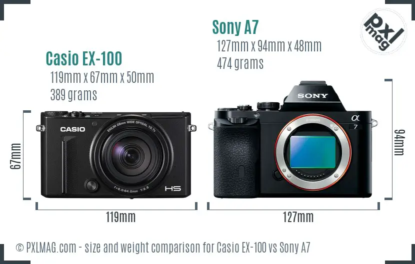 Casio EX-100 vs Sony A7 size comparison