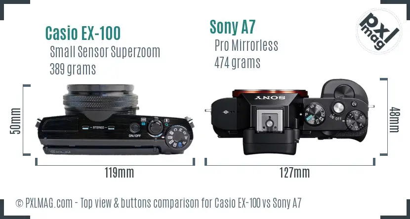 Casio EX-100 vs Sony A7 top view buttons comparison