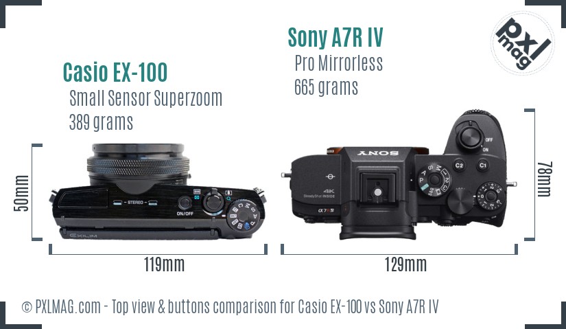 Casio EX-100 vs Sony A7R IV top view buttons comparison