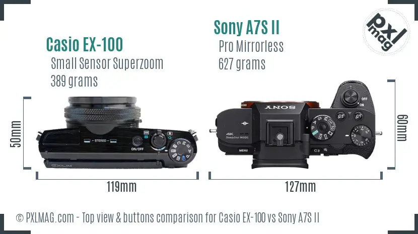 Casio EX-100 vs Sony A7S II top view buttons comparison