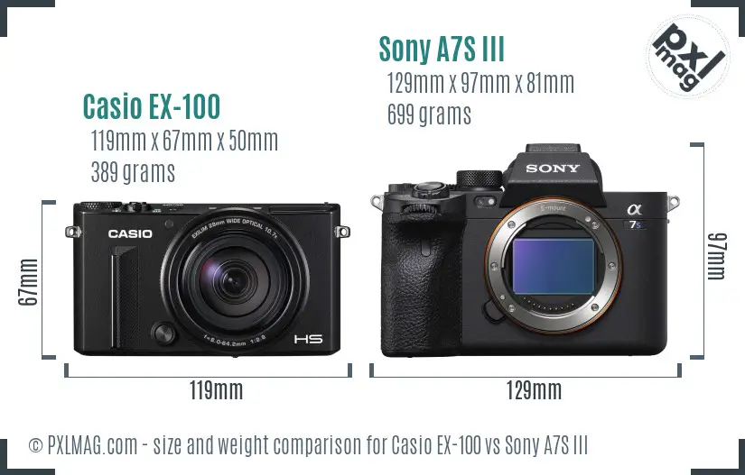 Casio EX-100 vs Sony A7S III size comparison