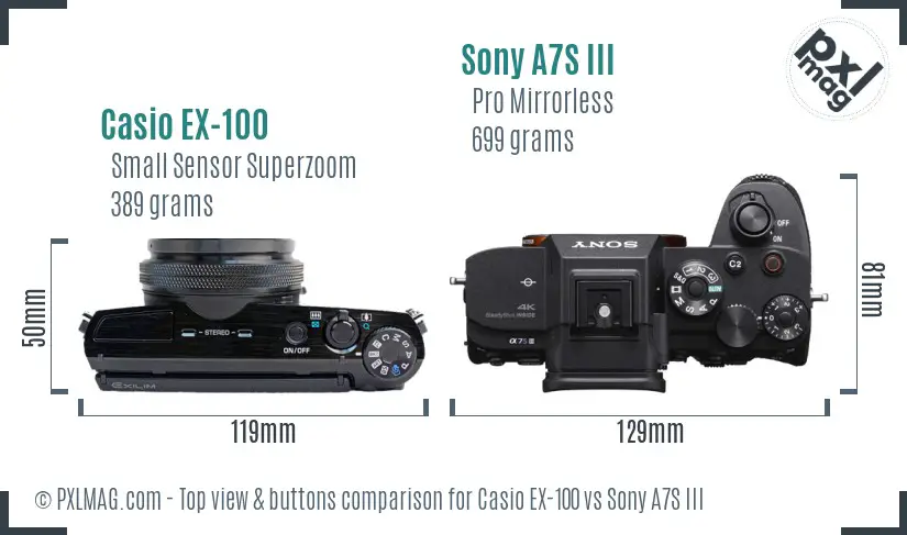 Casio EX-100 vs Sony A7S III top view buttons comparison