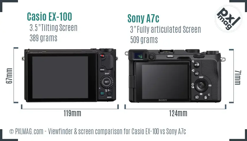 Casio EX-100 vs Sony A7c Screen and Viewfinder comparison