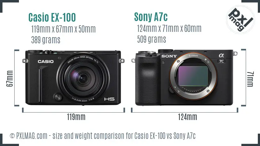 Casio EX-100 vs Sony A7c size comparison