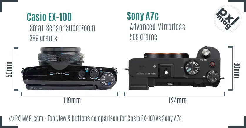 Casio EX-100 vs Sony A7c top view buttons comparison