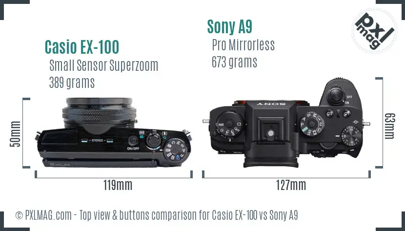 Casio EX-100 vs Sony A9 top view buttons comparison Casio EX-100 vs Sony A9 top view buttons comparison