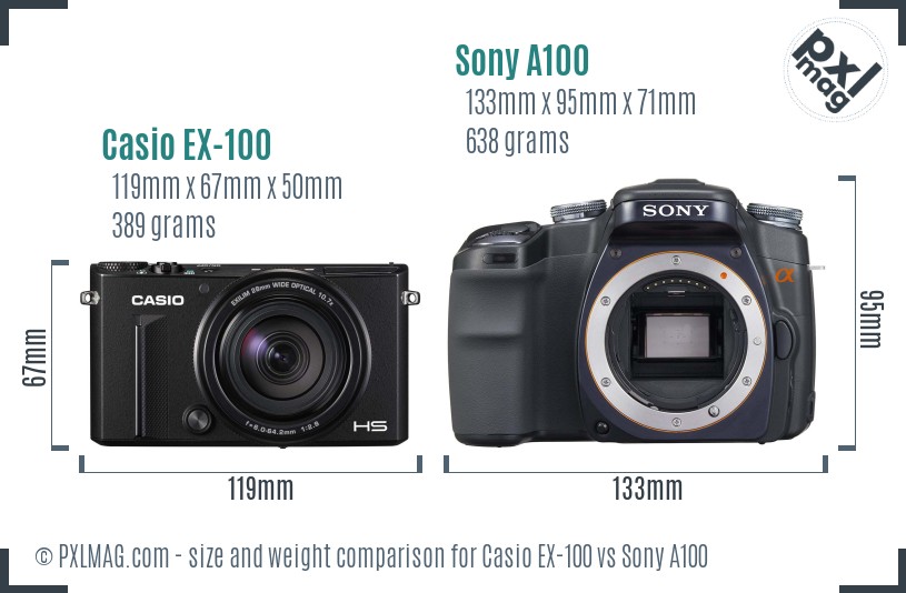 Casio EX-100 vs Sony A100 size comparison Casio EX-100 vs Sony A100 size comparison