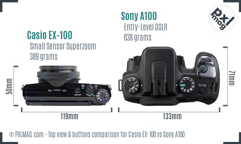 Casio EX-100 vs Sony A100 top view buttons comparison