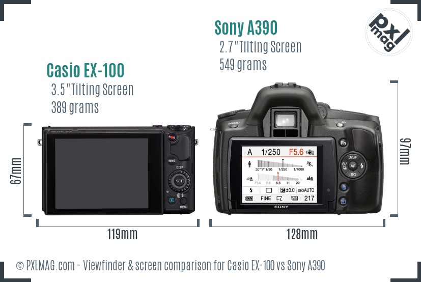Casio EX-100 vs Sony A390 Screen and Viewfinder comparison