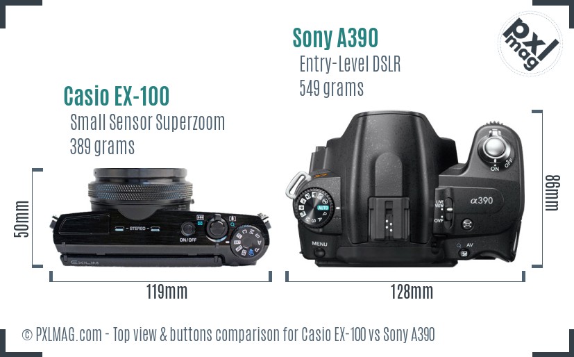 Casio EX-100 vs Sony A390 top view buttons comparison