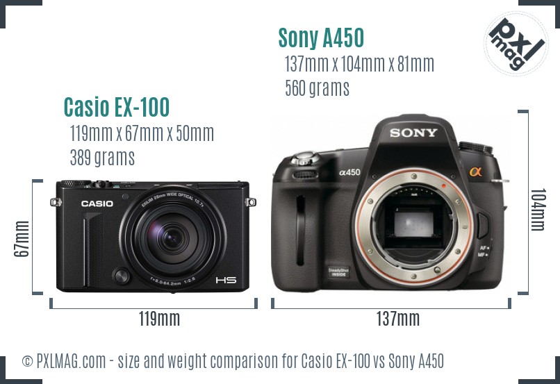 Casio EX-100 vs Sony A450 size comparison Casio EX-100 vs Sony A450 size comparison