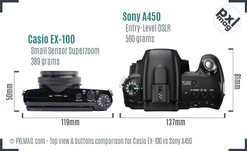 Casio EX-100 vs Sony A450 top view buttons comparison