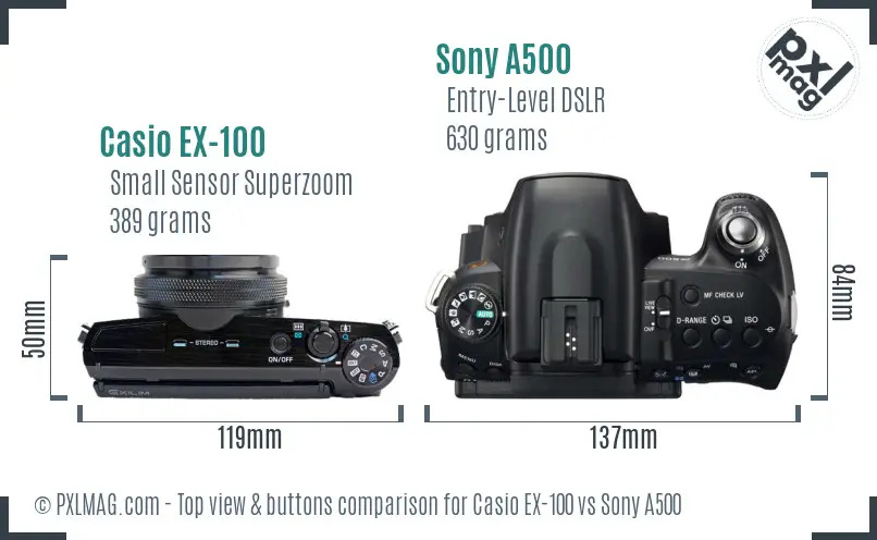 Casio EX-100 vs Sony A500 top view buttons comparison Casio EX-100 vs Sony A500 top view buttons comparison