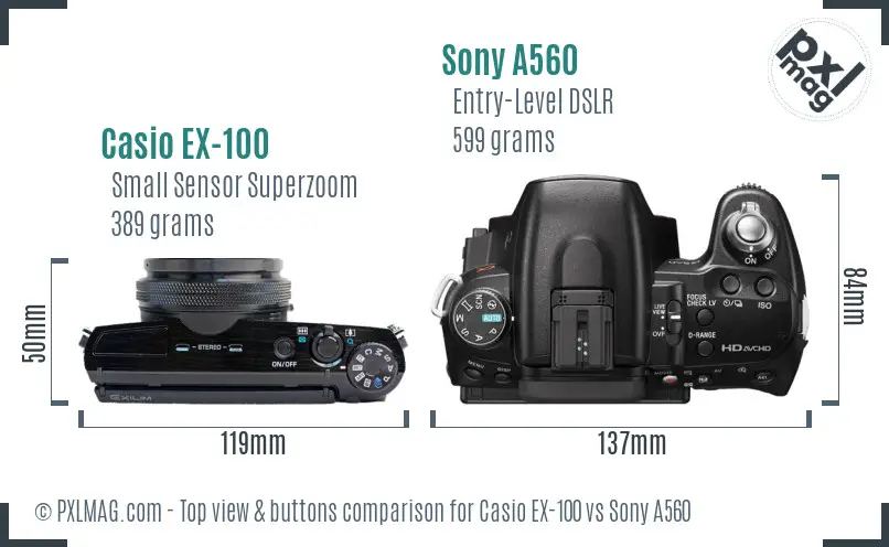 Casio EX-100 vs Sony A560 top view buttons comparison