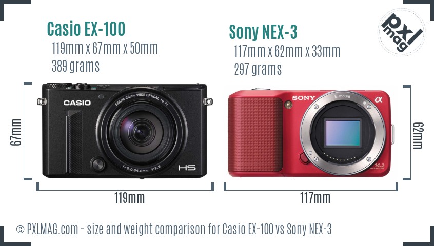 Casio EX-100 vs Sony NEX-3 size comparison
