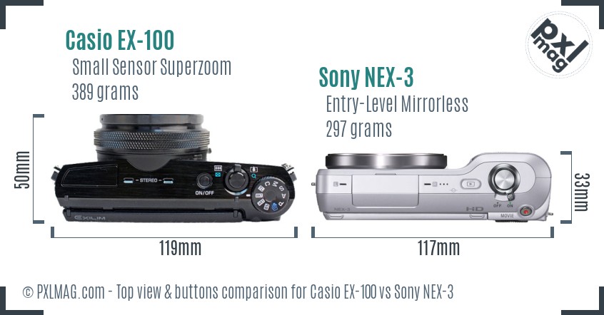 Casio EX-100 vs Sony NEX-3 top view buttons comparison
