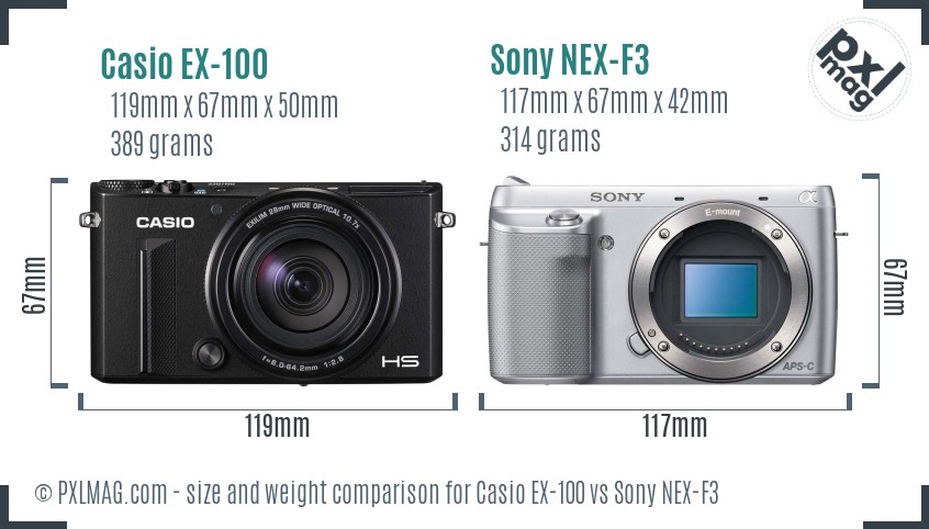 Casio EX-100 vs Sony NEX-F3 size comparison