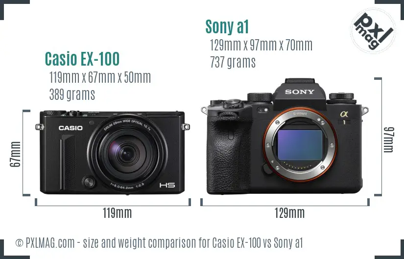 Casio EX-100 vs Sony a1 size comparison