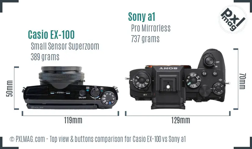 Casio EX-100 vs Sony a1 top view buttons comparison