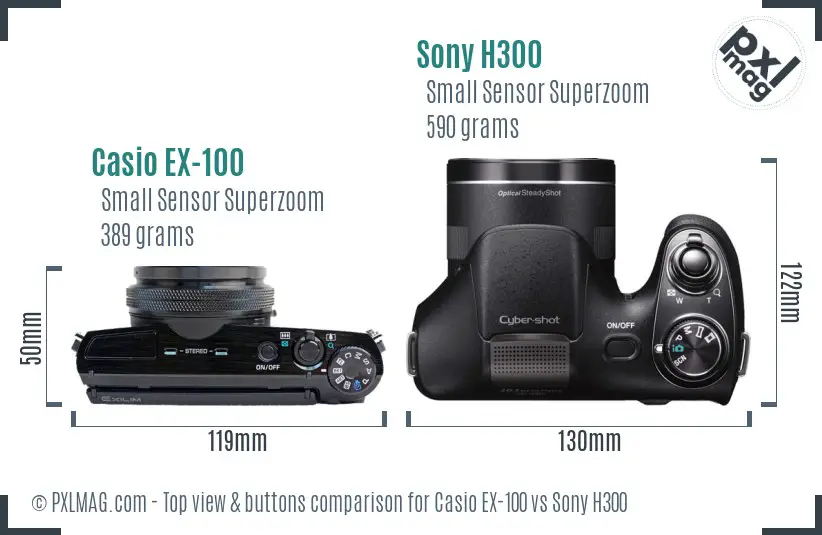 Casio EX-100 vs Sony H300 top view buttons comparison Casio EX-100 vs Sony H300 top view buttons comparison