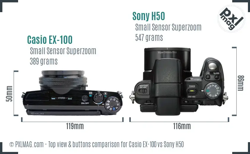 Casio EX-100 vs Sony H50 top view buttons comparison Casio EX-100 vs Sony H50 top view buttons comparison