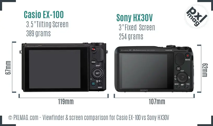 Casio EX-100 vs Sony HX30V Screen and Viewfinder comparison