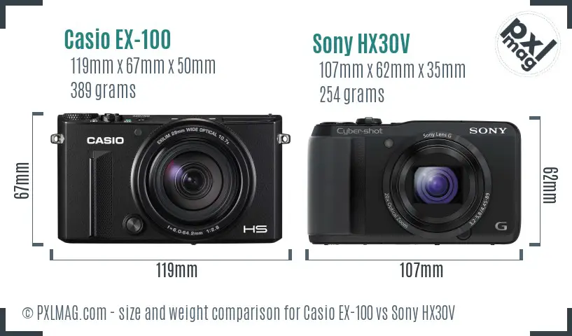 Casio EX-100 vs Sony HX30V size comparison