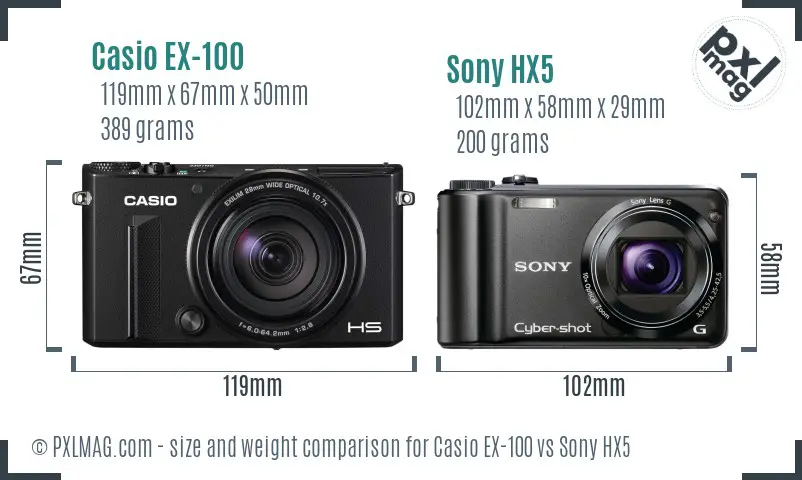 Casio EX-100 vs Sony HX5 size comparison