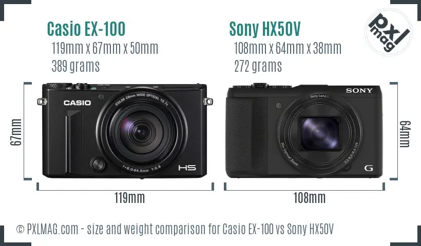 Casio EX-100 vs Sony HX50V size comparison