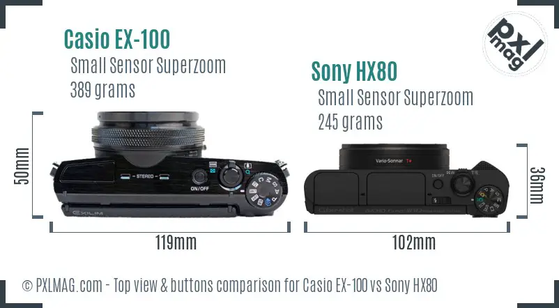 Casio EX-100 vs Sony HX80 top view buttons comparison